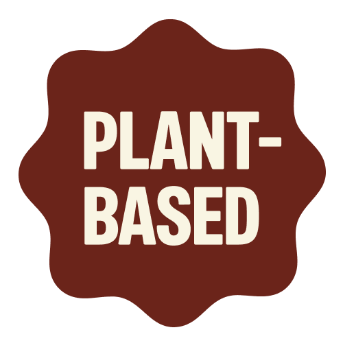 Dark brown star-shaped badge with "PLANT-BASED" text in cream colored letters