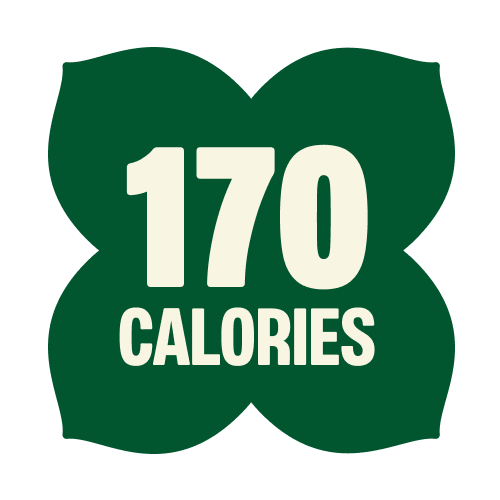 Green four-leaf clover shaped badge displaying "170 CALORIES" in large cream-colored text