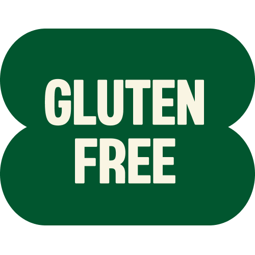 Green rounded rectangular badge with white text reading "GLUTEN FREE" in bold capital letters