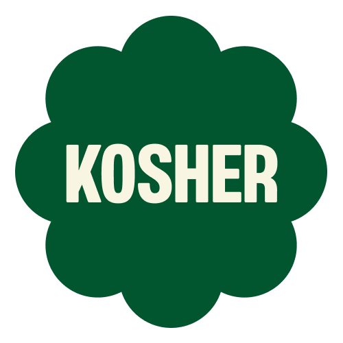 Green flower-shaped badge with white "KOSHER" text in the center