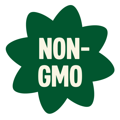 Green star-shaped badge with "NON-GMO" text in cream/beige letters