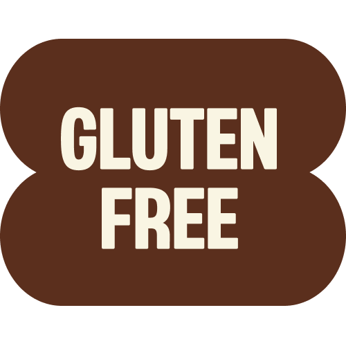 Brown rounded badge with "GLUTEN FREE" text in cream colored letters