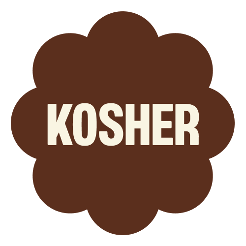 Brown flower-shaped badge with "KOSHER" text in white letters, indicating kosher certification for salted caramel product.