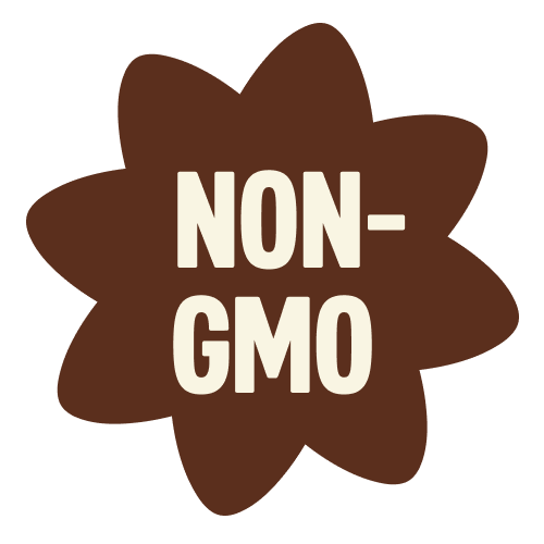 Brown star-shaped badge with cream text reading "NON-GMO" for salted caramel product labeling