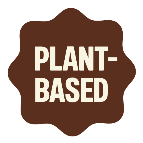 Brown star-shaped badge with "PLANT-BASED" text in cream colored letters