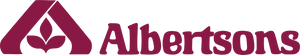 Albertsons logo in burgundy featuring stylized house shape with leaf design and company name in bold lettering