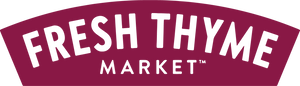 Fresh Thyme Market logo in white text on a burgundy curved banner background