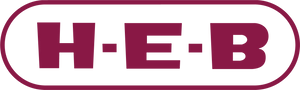H-E-B logo in burgundy letters on white background within rounded rectangular border