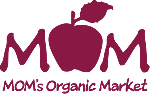 MOM's Organic Market logo in burgundy featuring "MOM" text with an apple replacing the middle "O" and a rose above it