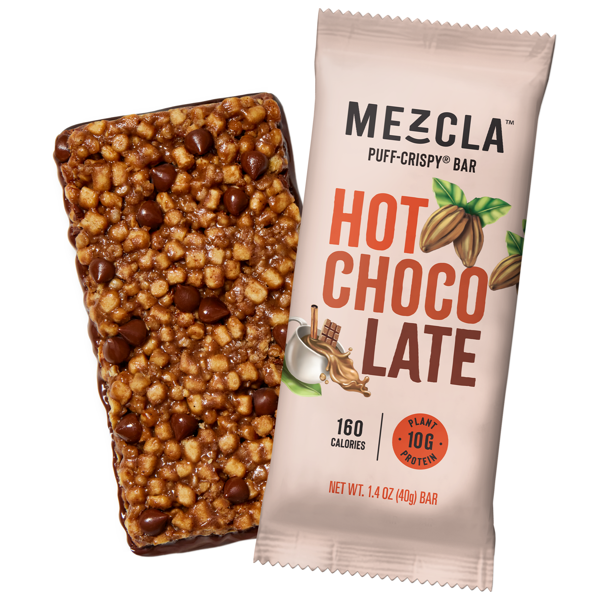 Mezcla Hot Chocolate puff-crispy protein bar in pink packaging next to unwrapped bar showing brown chocolate coating and mixed nuts on black background