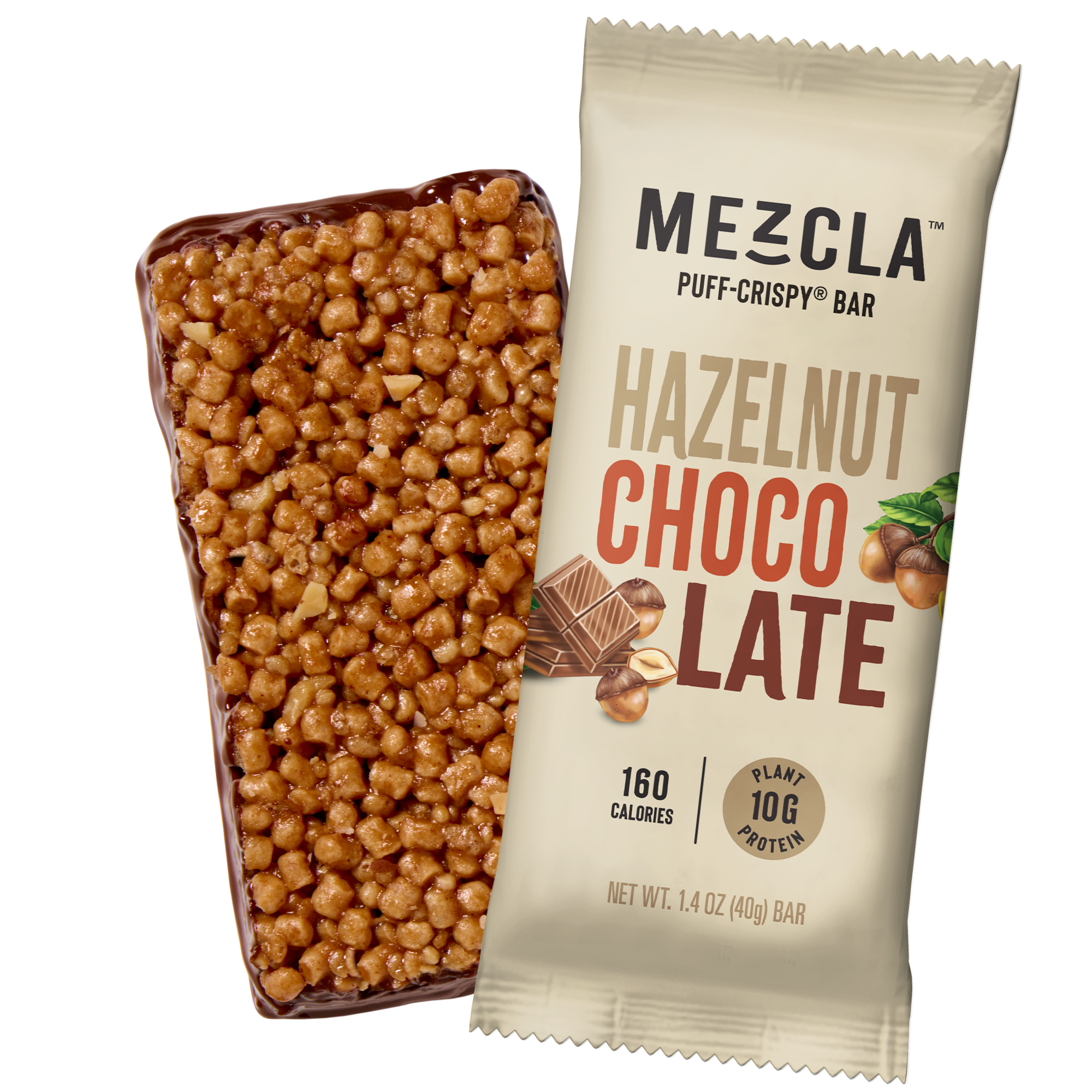 MEZCLA Hazelnut Chocolate puff-crispy protein bar unwrapped showing crunchy brown cereal pieces, next to cream-colored package.