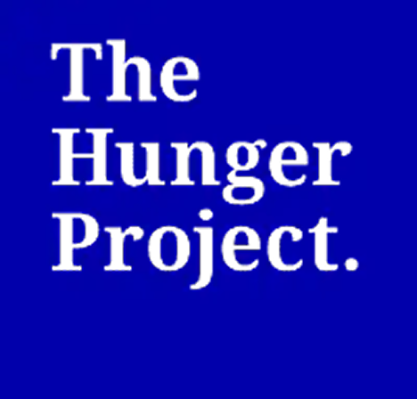 White text reading "The Hunger Project" on a bright blue background