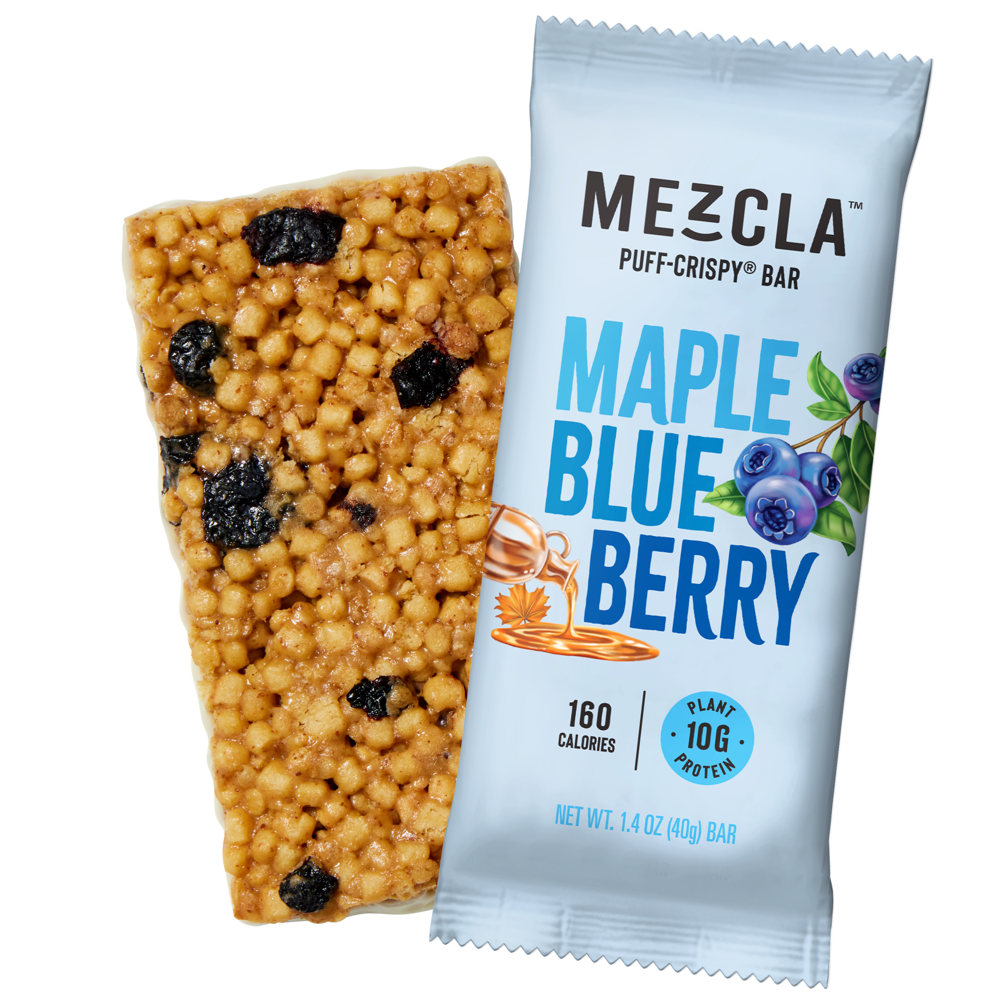 Mezcla Maple Blueberry protein bar unwrapped beside white package showing 160 calories and 10g plant protein