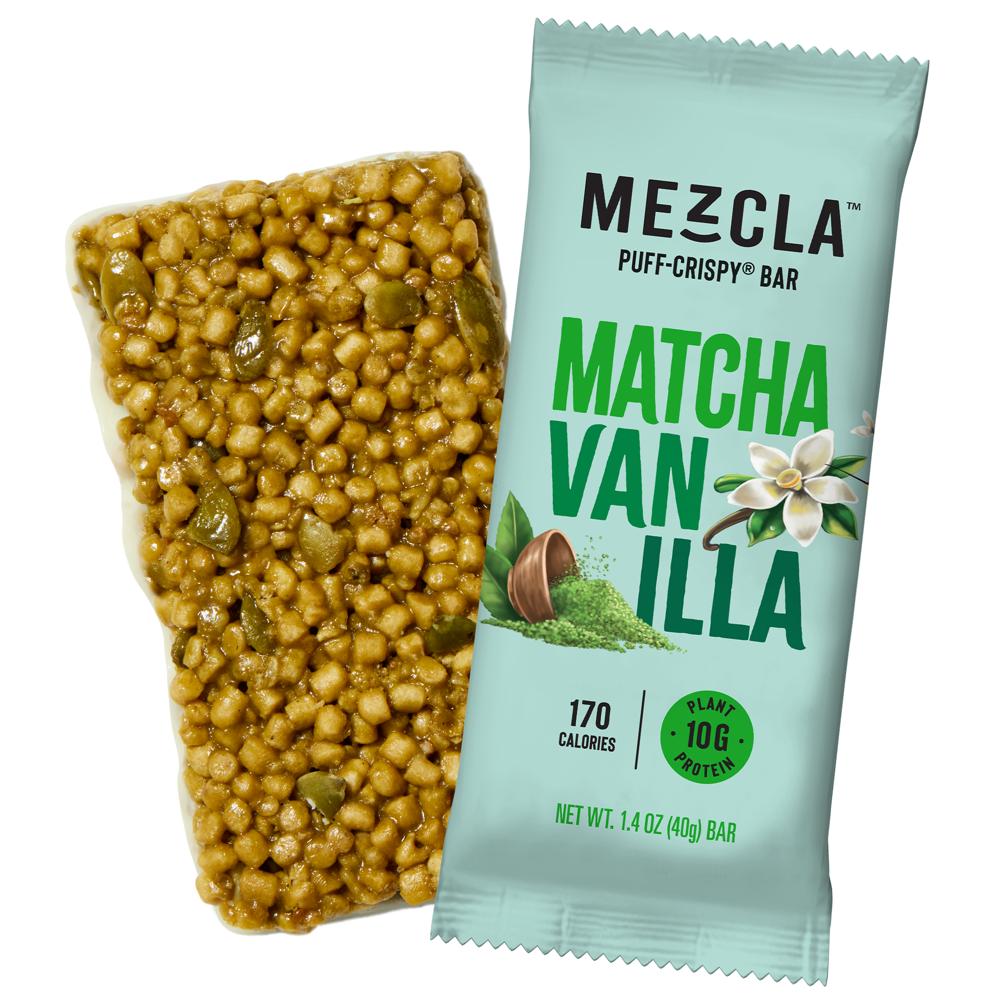MEZCLA Matcha Vanilla puff-crispy protein bar in light green packaging next to unwrapped bar showing golden puffed grains and seeds