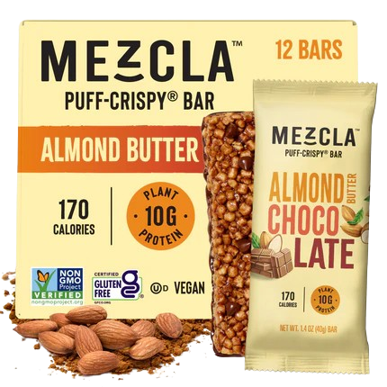 Mezcla almond butter puff-crispy protein bars package showing 12-bar box and individual chocolate bar wrapper with almonds scattered around