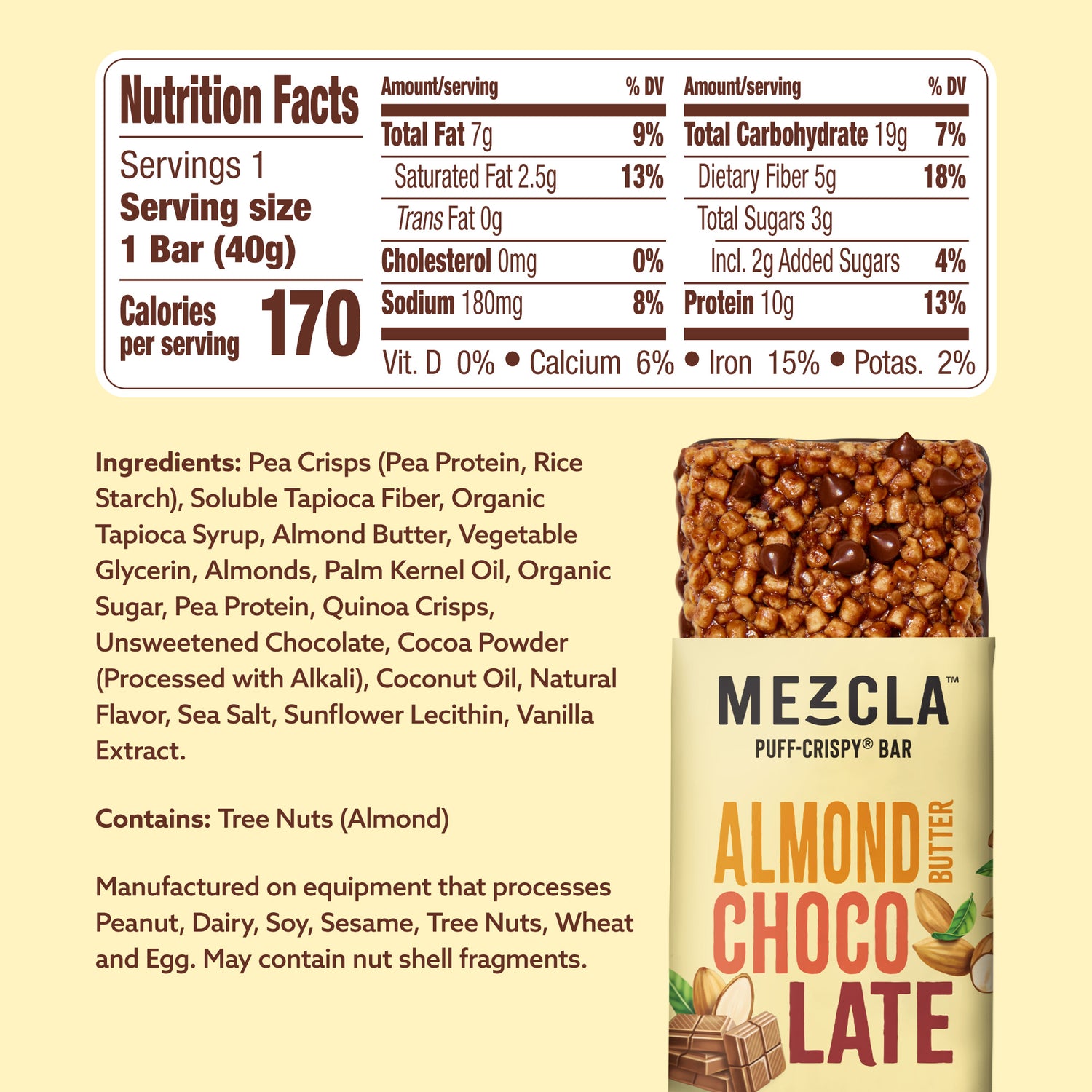 Mezcla almond butter chocolate puff crispy bar nutrition facts label showing 170 calories, ingredients list, and product packaging on cream background