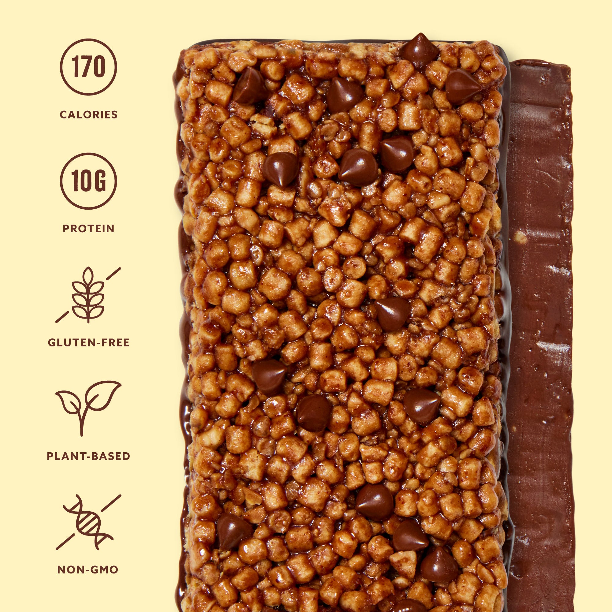 Chocolate-dipped protein bar with puffed grains and chocolate chips, showing nutritional info: 170 calories, 10g protein, gluten-free, plant-based, non-GMO