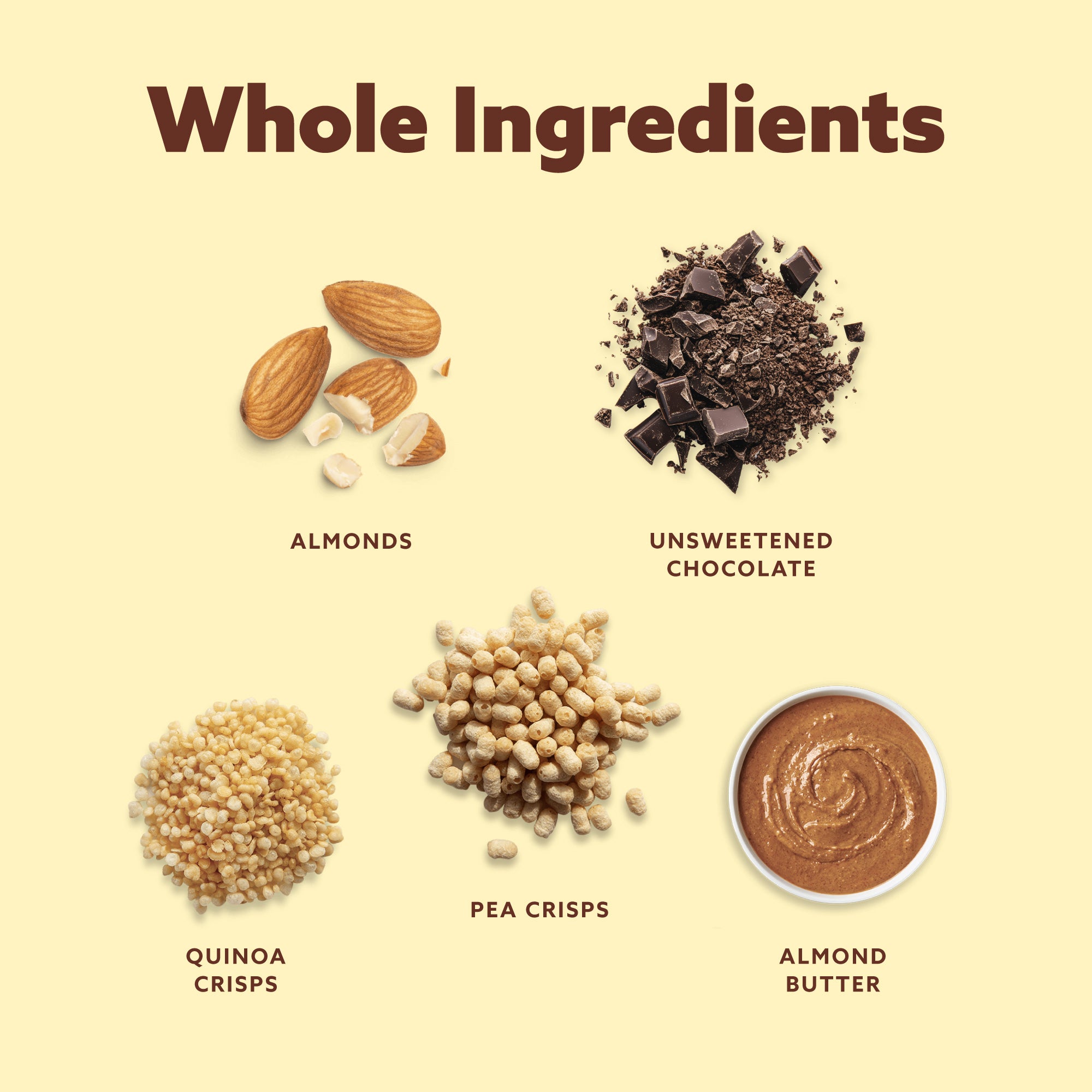 Five whole ingredients displayed on cream background: almonds, dark chocolate pieces, quinoa crisps, pea crisps, and almond butter in bowl