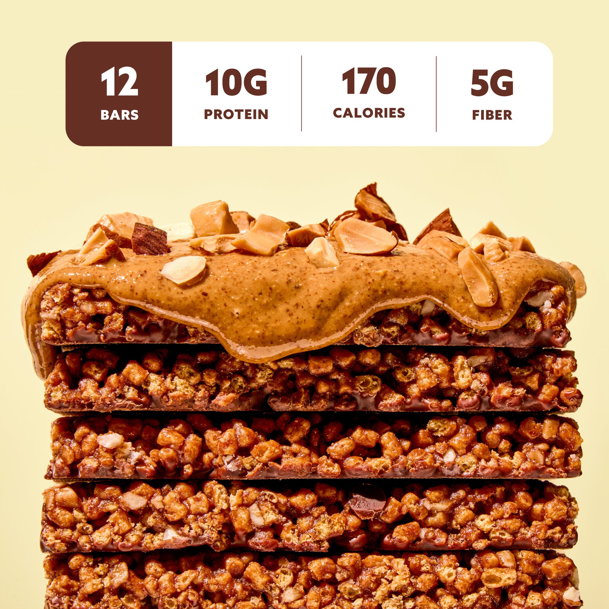 Stack of chocolate almond butter protein bars with nuts and caramel topping, showing nutritional info: 12 bars, 10g protein, 170 calories, 5g fiber