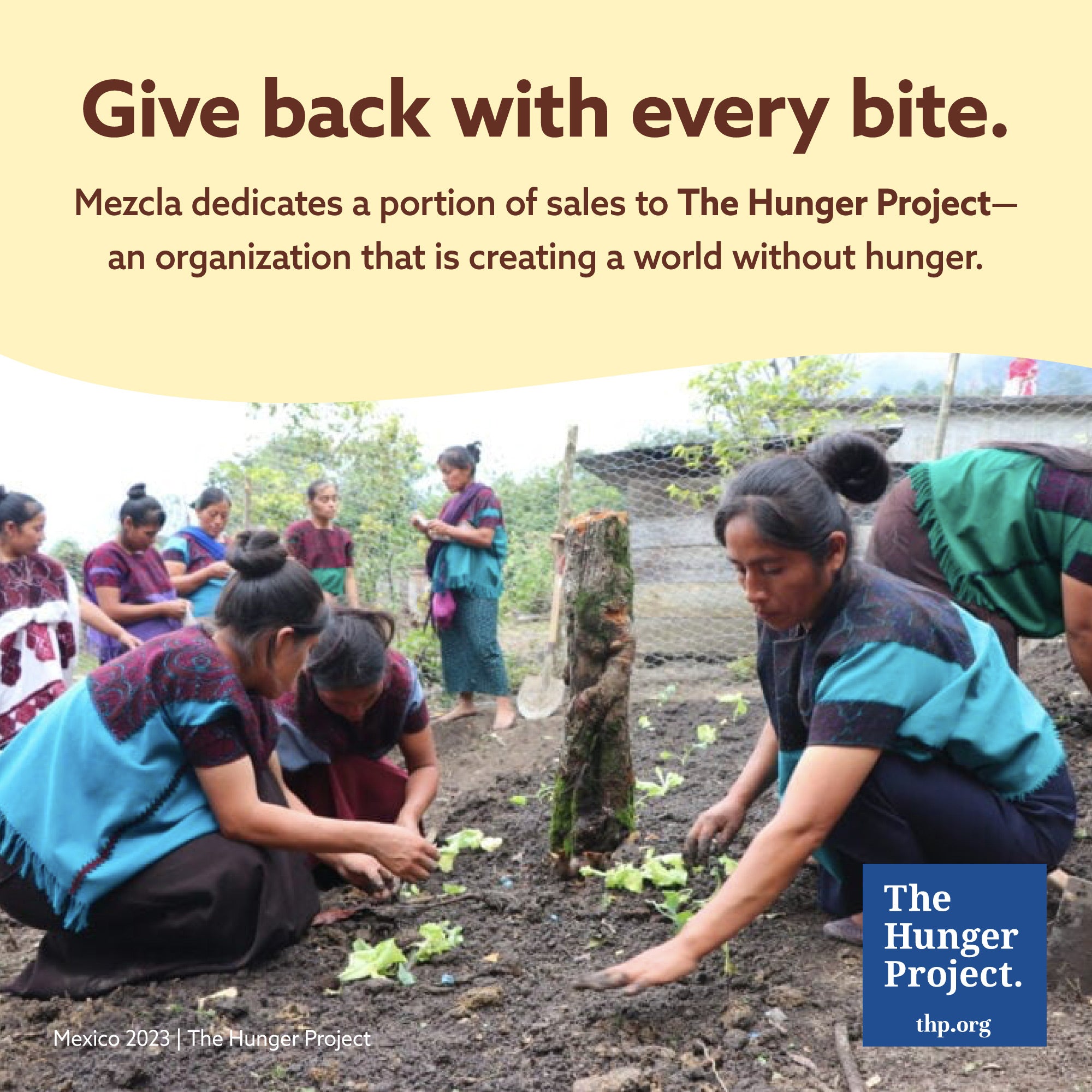 Women in blue and purple traditional clothing planting vegetables in community garden with text about Mezcla supporting The Hunger Project