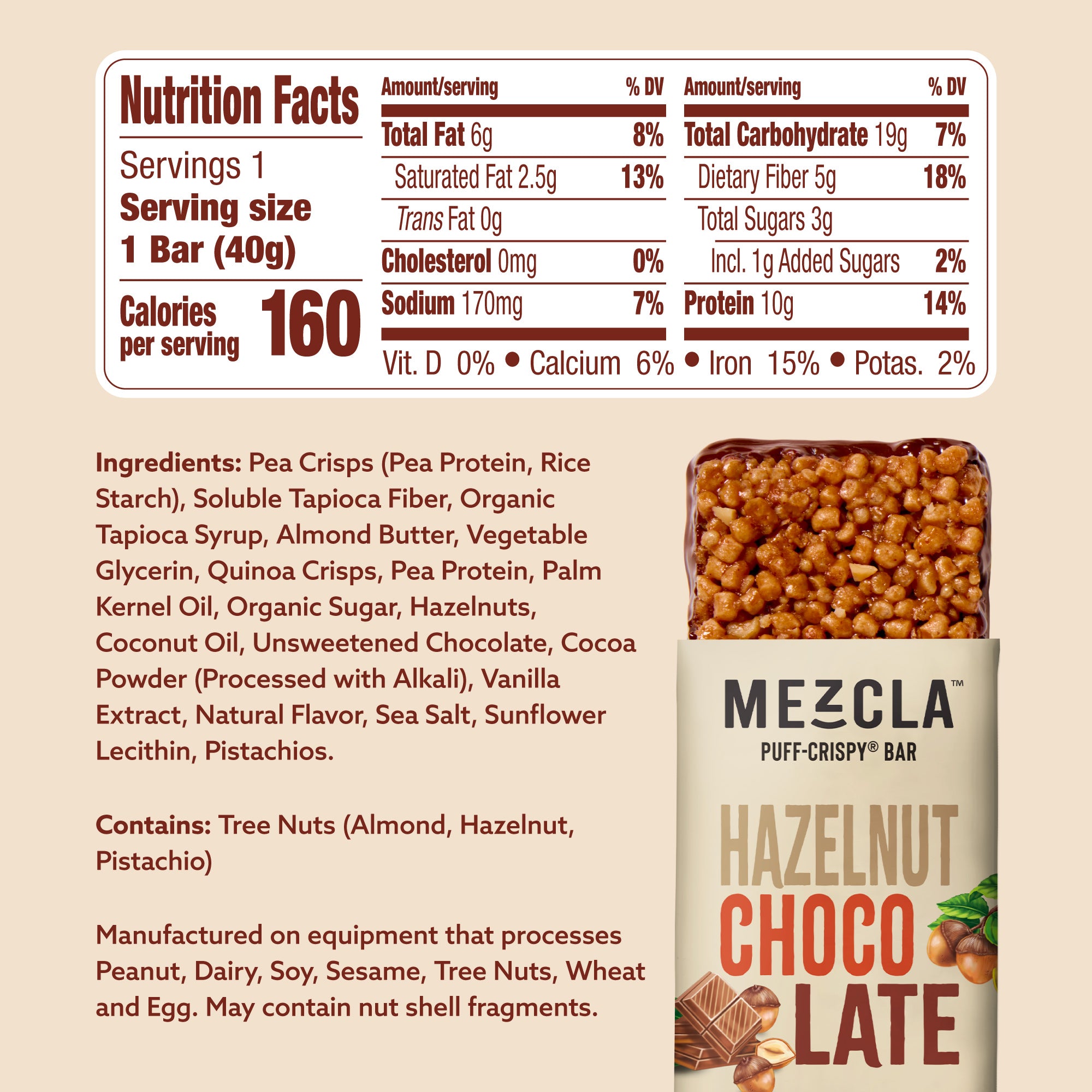 Mezcla Hazelnut Chocolate protein bar nutrition facts label showing 160 calories, ingredients list, and brown puff-crispy bar product image