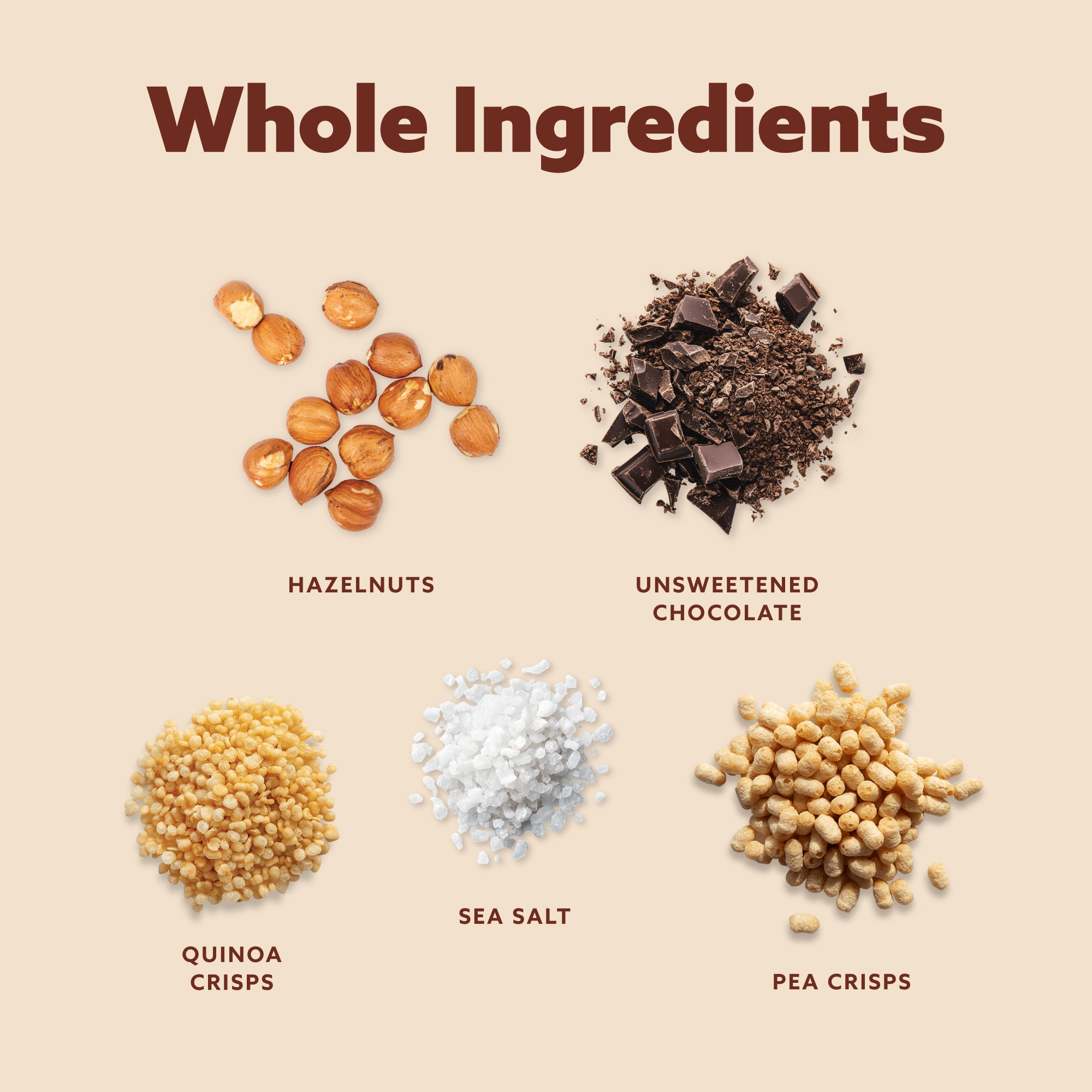 Five whole ingredients displayed on beige background: hazelnuts, dark chocolate chunks, quinoa crisps, sea salt crystals, and pea crisps