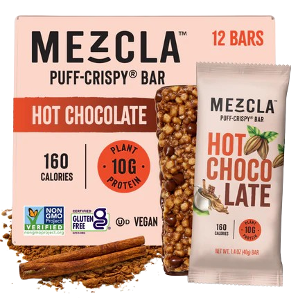 Mezcla Hot Chocolate puff-crispy protein bars packaging showing 12-bar box and individual bar, 160 calories, 10g plant protein, vegan certified