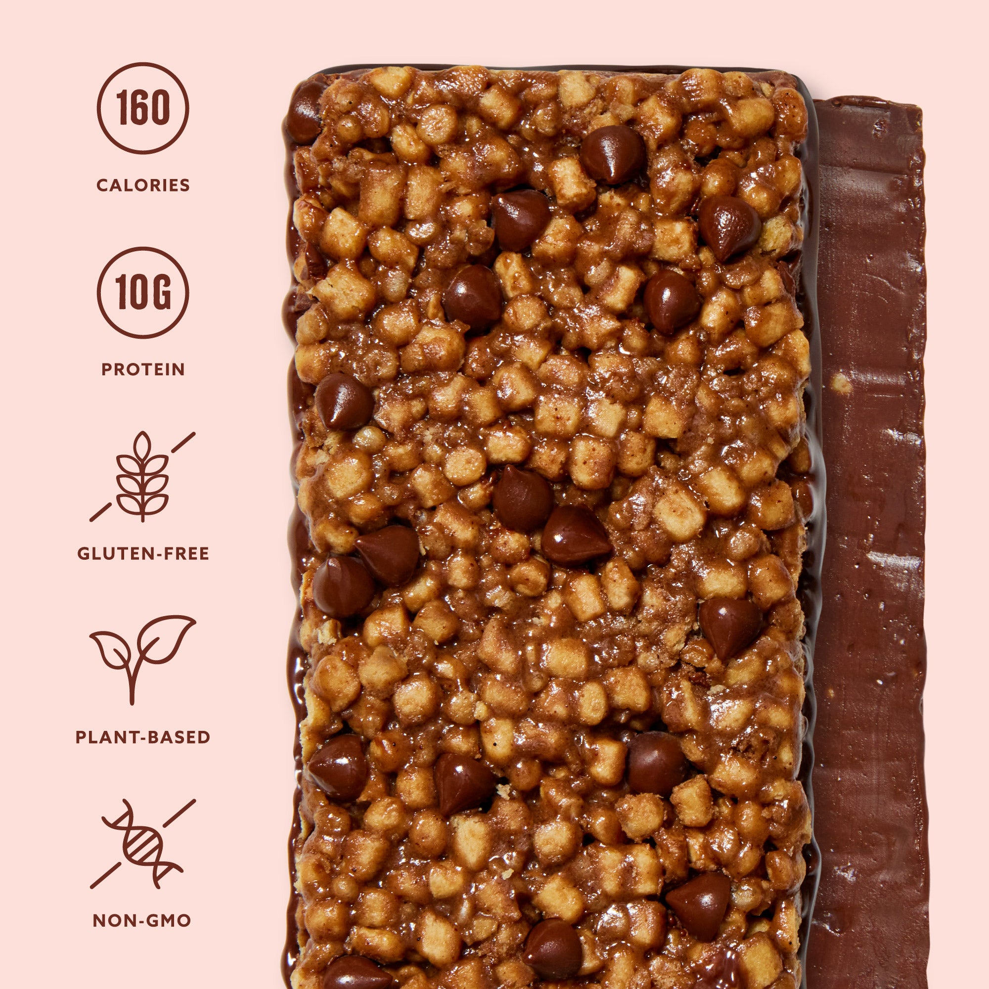 Chocolate protein bar with nuts and chocolate chips, showing nutritional info: 160 calories, 10g protein, gluten-free, plant-based, non-GMO