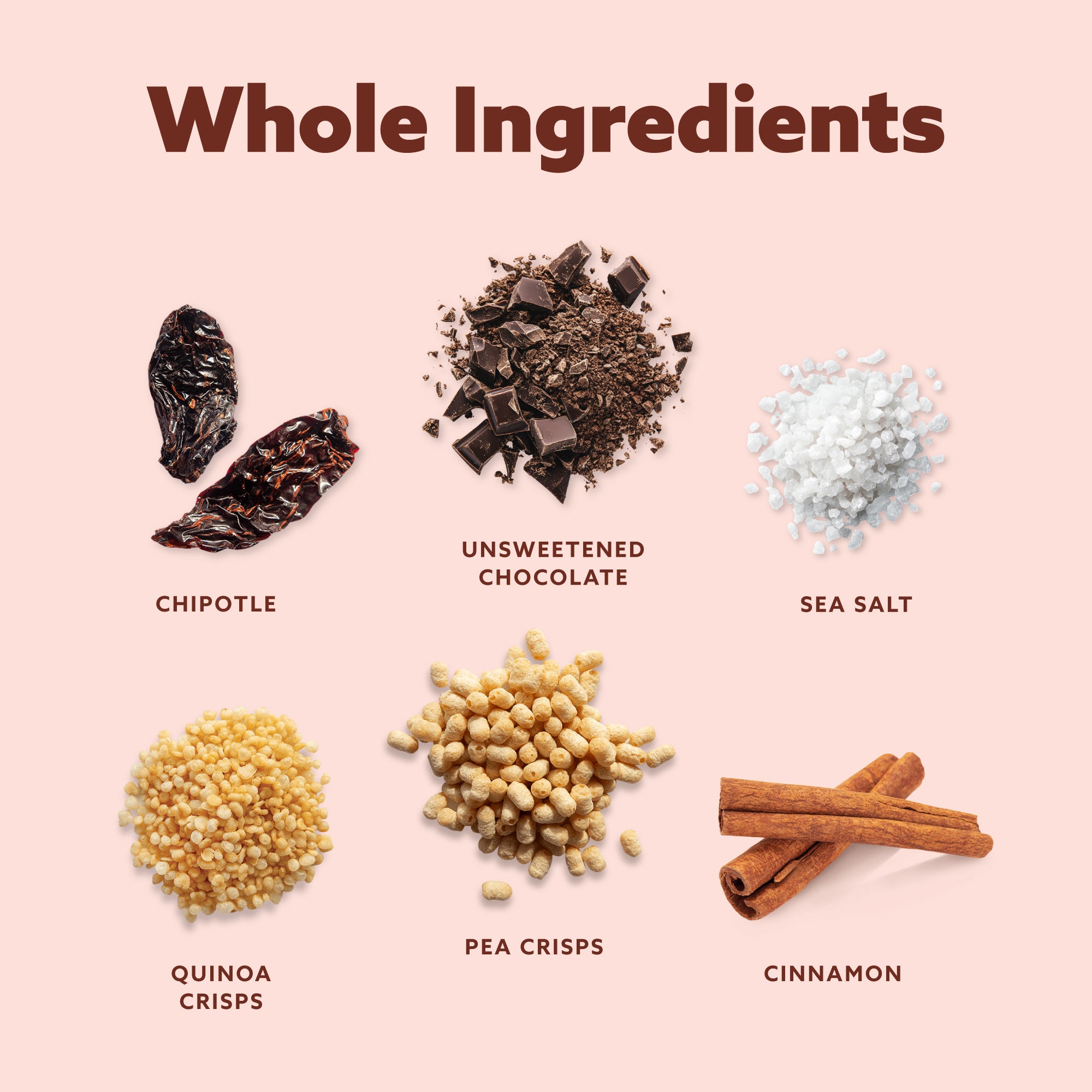 Six whole ingredients for hot chocolate displayed on pink background: chipotle peppers, dark chocolate chunks, sea salt, quinoa crisps, pea crisps, and cinnamon sticks with labels