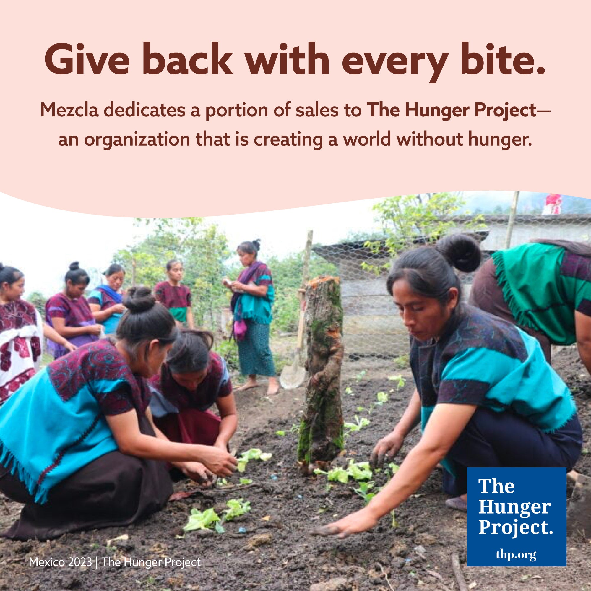 Women in traditional blue and burgundy clothing plant vegetables in garden beds while text promotes Mezcla's partnership with The Hunger Project
