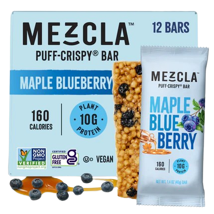 Mezcla Maple Blueberry puff-crispy protein bars package showing 12 bars, 160 calories, 10g plant protein, with blue packaging design