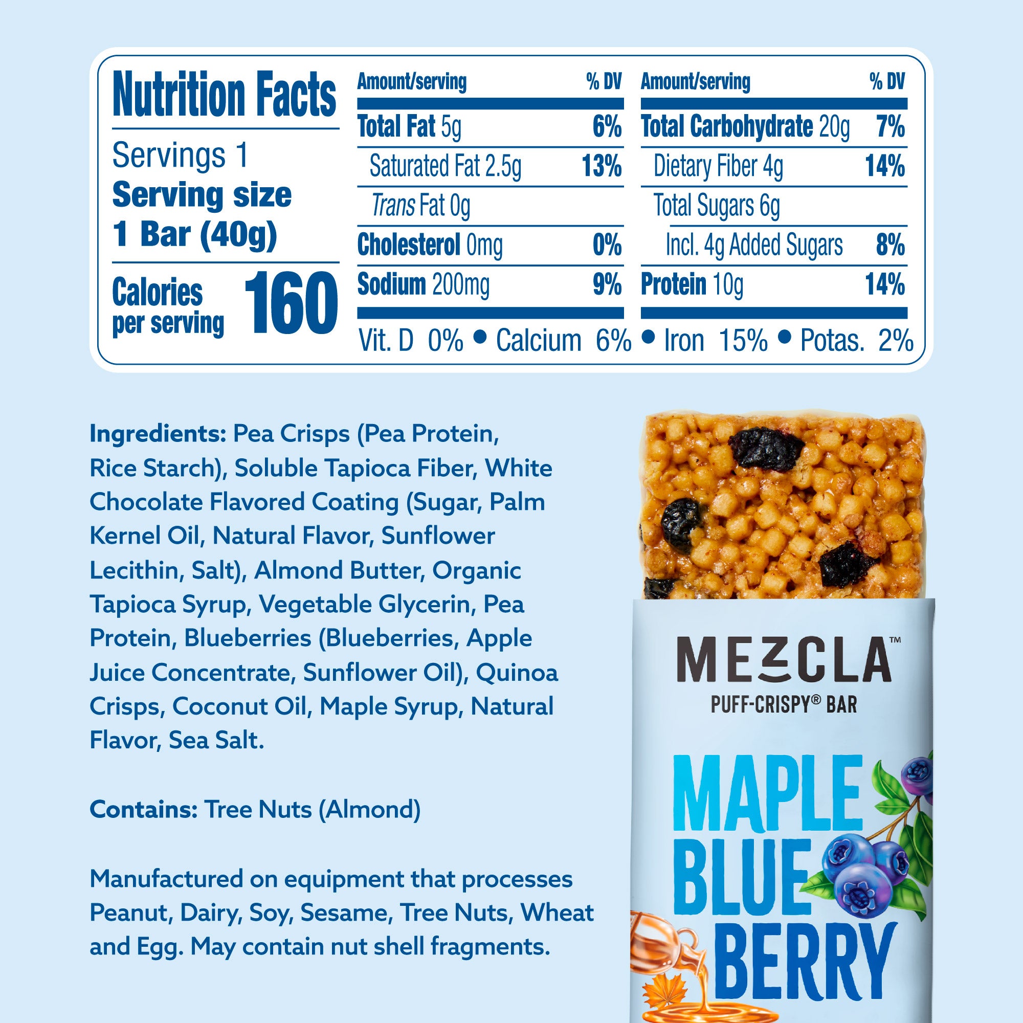 Mezcla Maple Blueberry protein bar nutrition facts label showing 160 calories, 10g protein, with ingredient list and blue packaging design