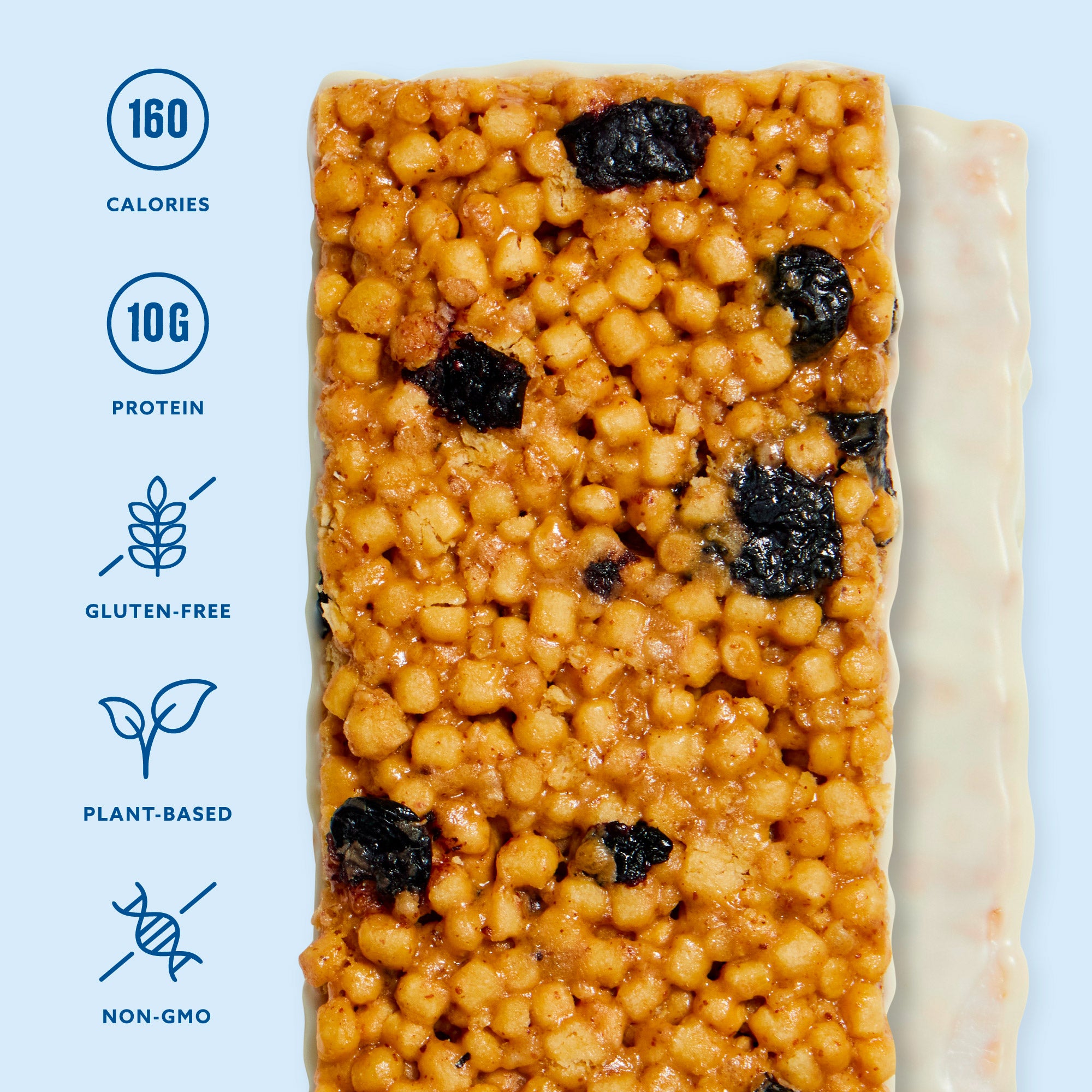 Maple blueberry protein bar with crispy rice cereal and dried blueberries, showing 160 calories, 10g protein, gluten-free, plant-based, non-GMO labels