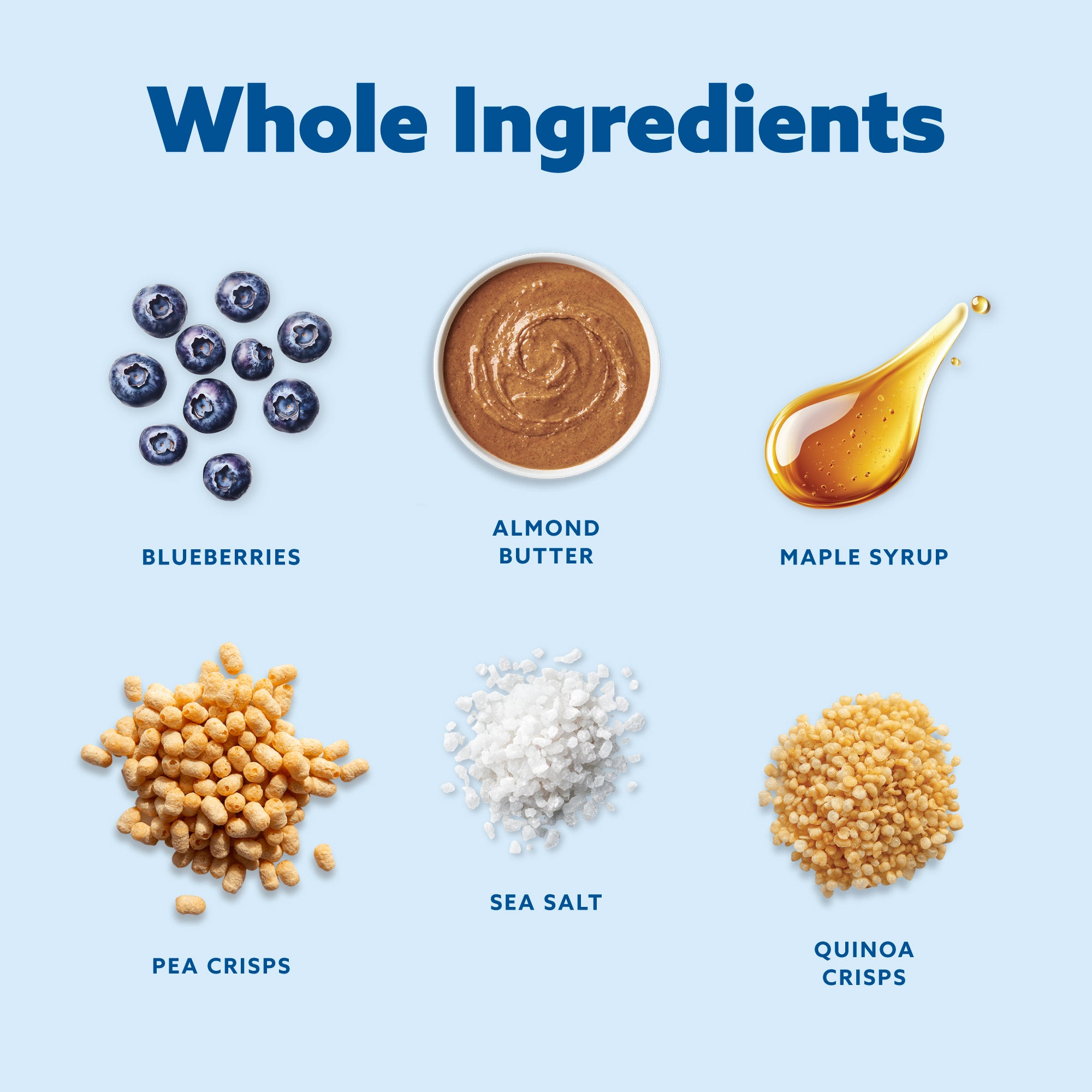 Six whole ingredients displayed on light blue background: blueberries, almond butter, maple syrup, pea crisps, sea salt, and quinoa crisps