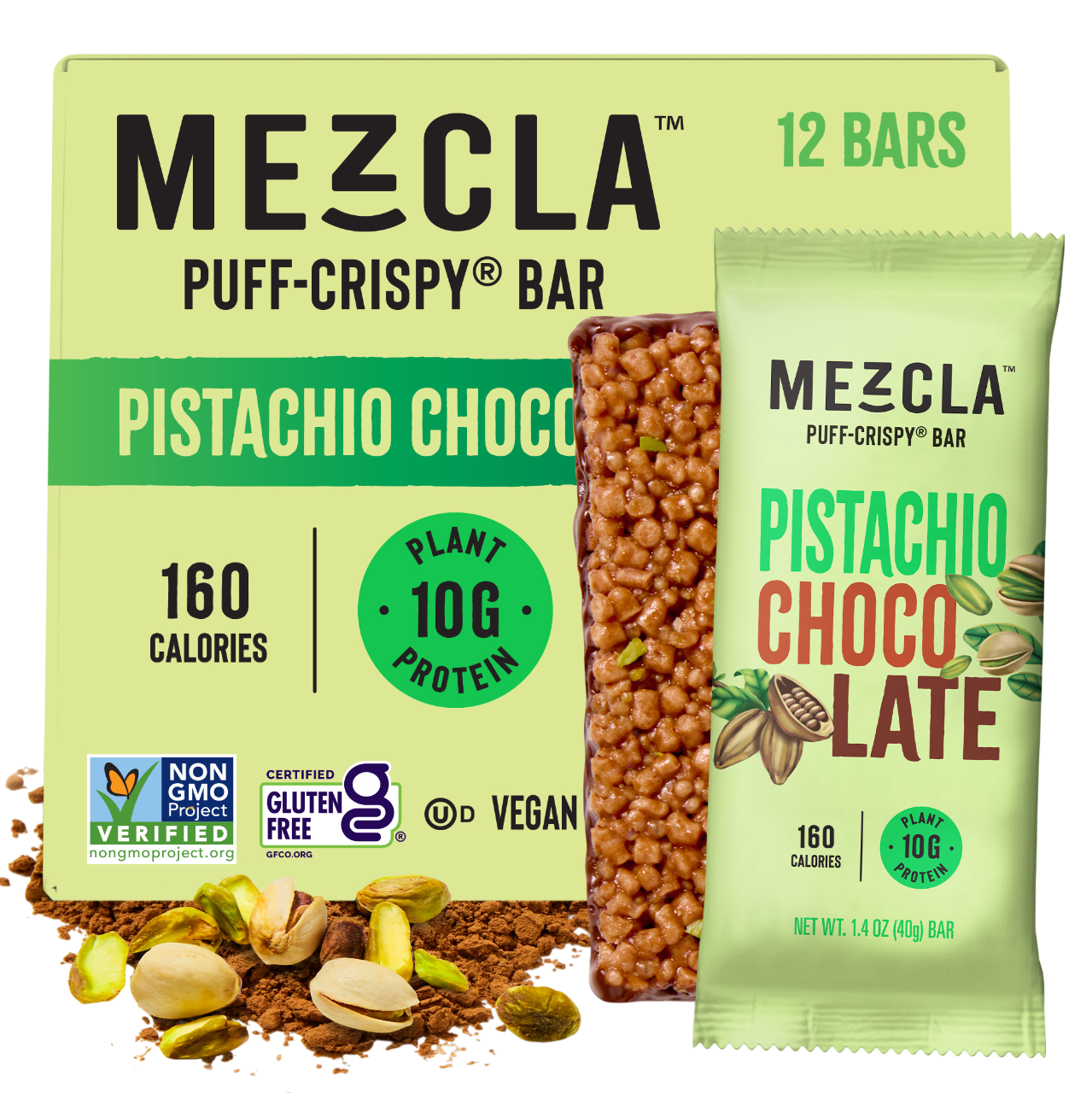 Green Mezcla protein bar packaging showing pistachio chocolate flavor, 12-bar box with individual wrapper, 160 calories and 10g plant protein highlighted