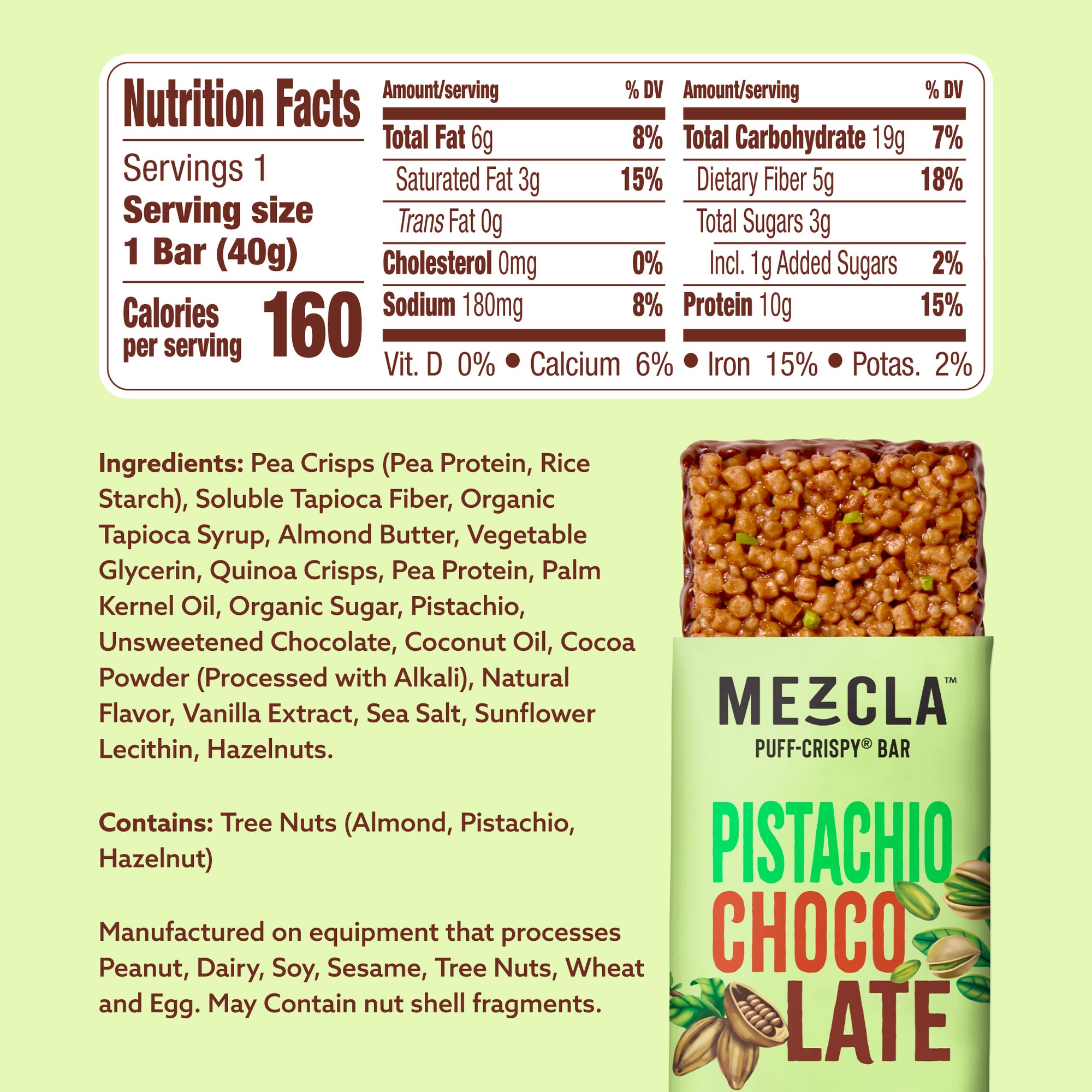 Nutrition facts label for Mezcla Pistachio Chocolate protein bar showing 160 calories, ingredients list, and green product packaging