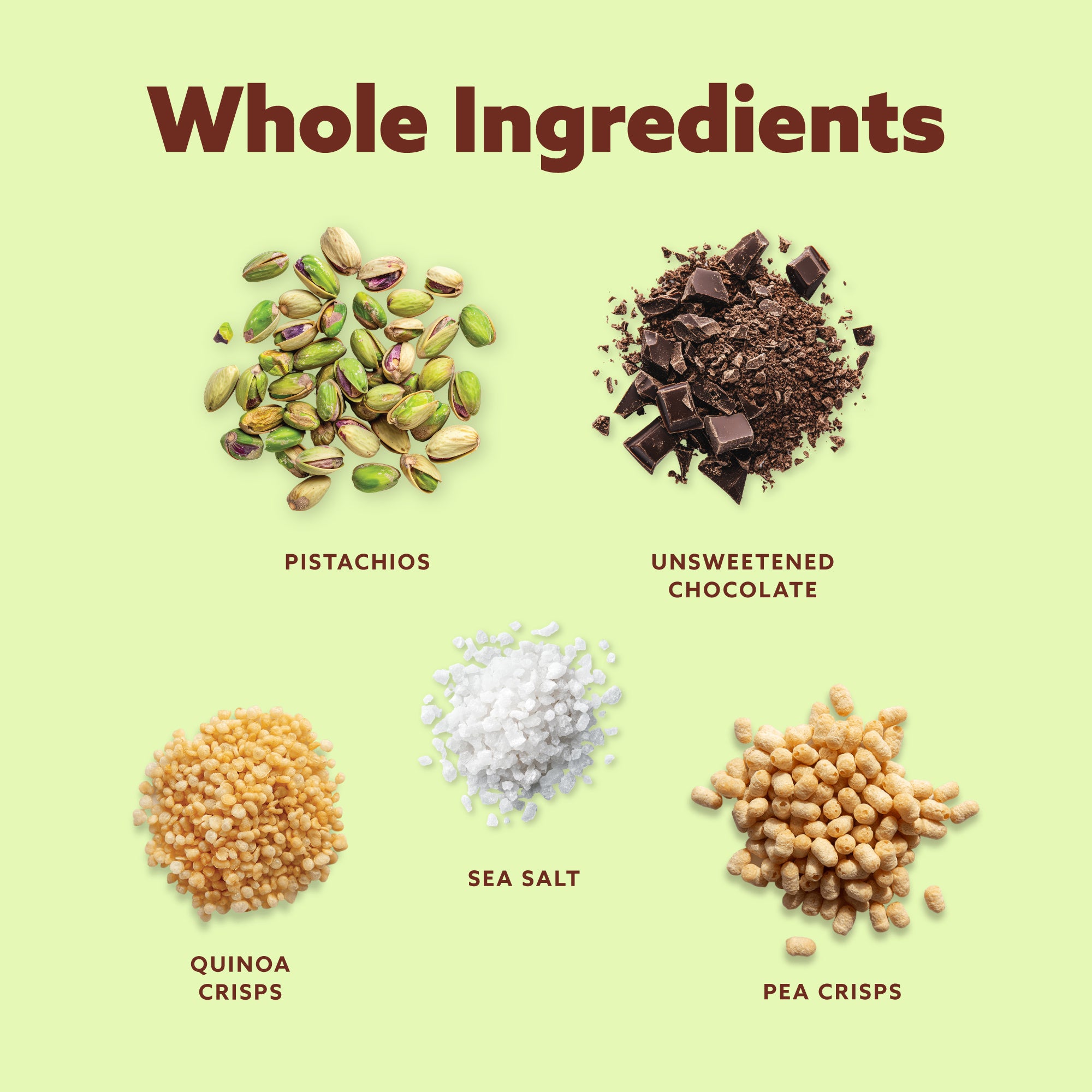 Five whole ingredients displayed on light green background: pistachios, dark chocolate chunks, quinoa crisps, sea salt crystals, and pea crisps with labels