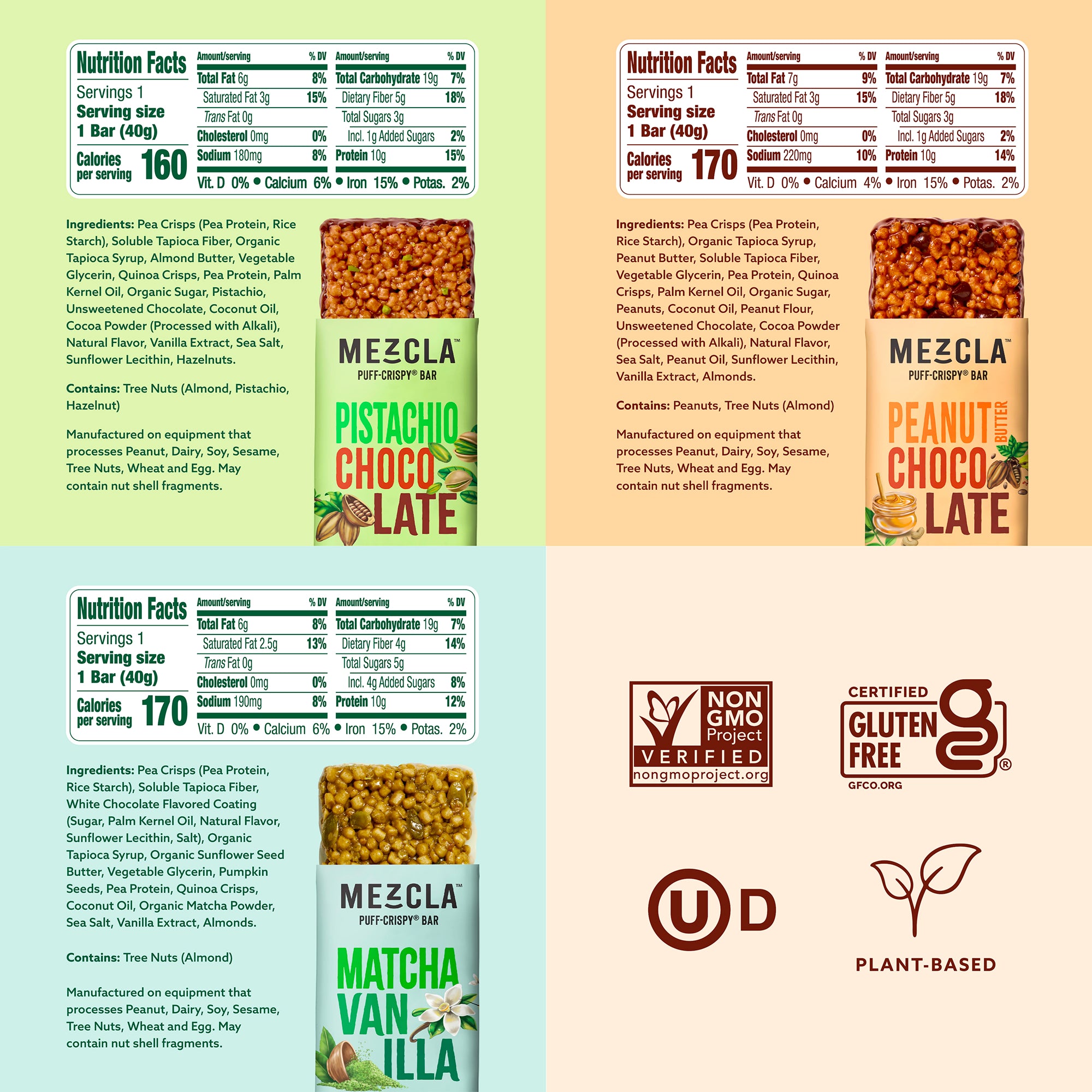 Three Mezcla protein bar nutrition labels showing Pistachio Chocolate, Peanut Butter Chocolate, and Matcha Vanilla flavors with certification logos