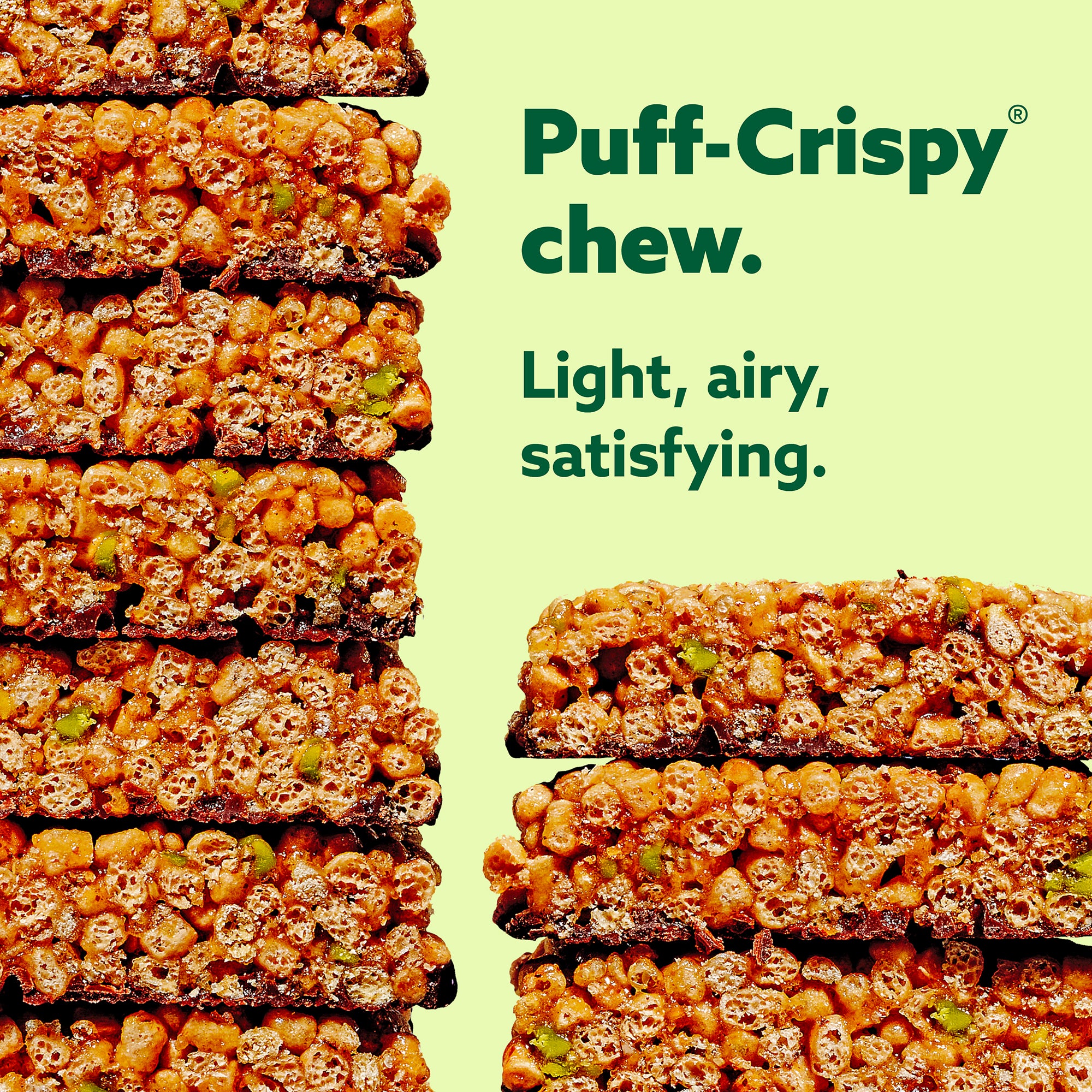 Stack of golden brown puffed rice and seed granola bars with green text "Puff-Crispy chew. Light, airy, satisfying."