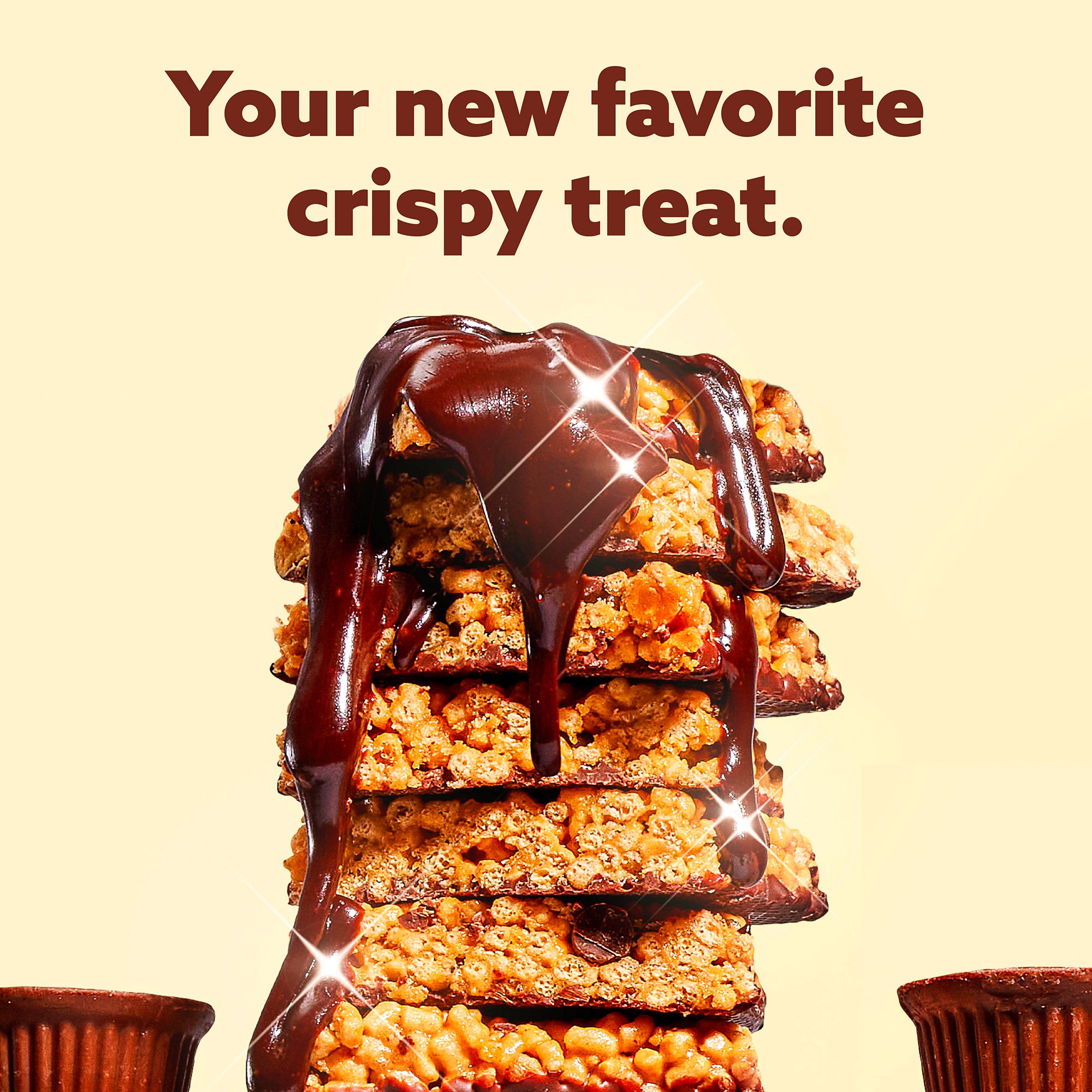 Stack of chocolate-drizzled crispy rice cereal bars with golden nuts on cream background, marketing text above