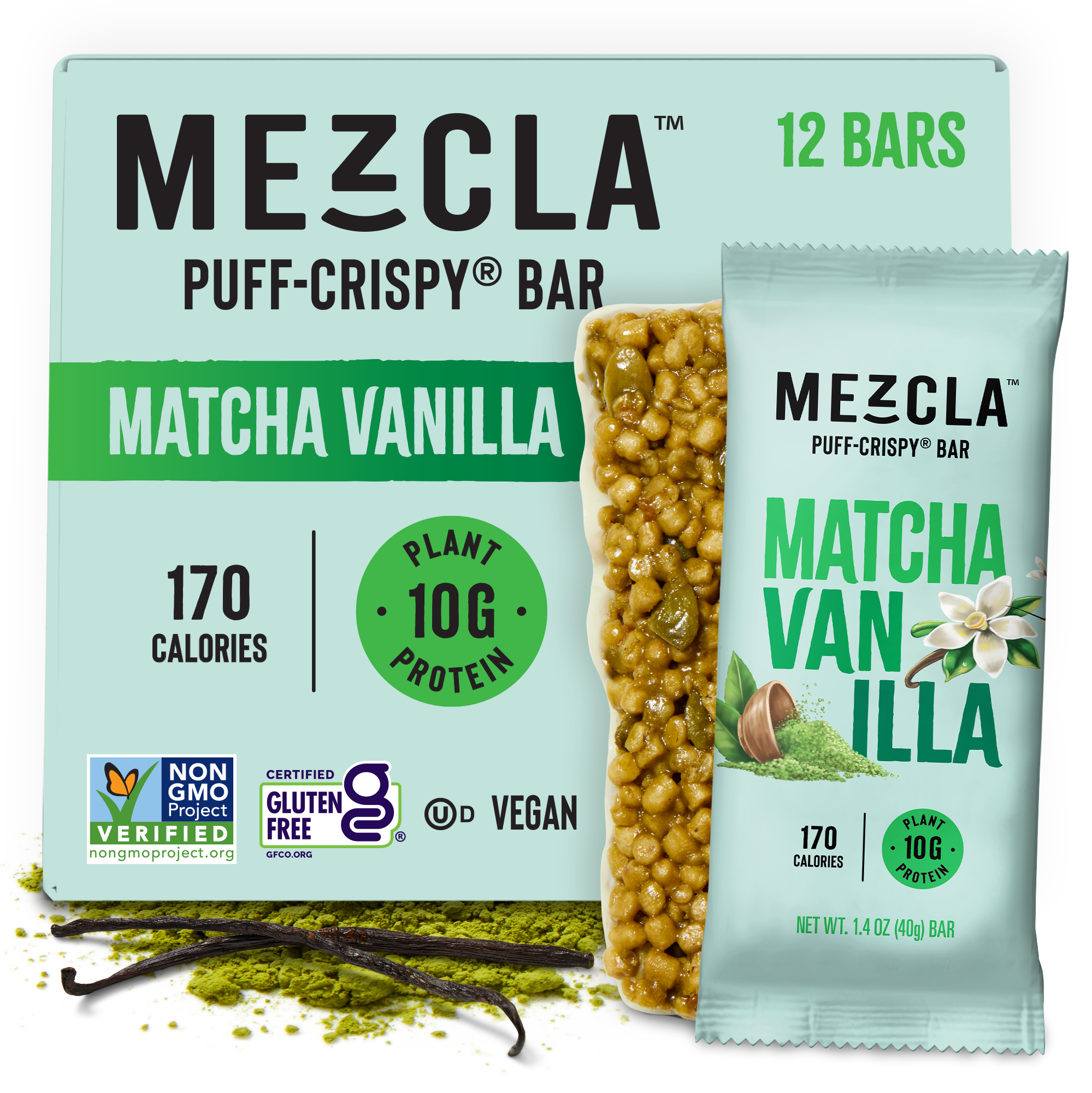 Mezcla Matcha Vanilla protein bars packaging showing light green box with 12 bars and individual wrapper with puffed grain bar visible