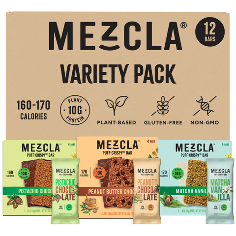 Mezcla variety pack of 12 plant-based protein bars in three flavors: Pistachio Chocolate, Peanut Butter Chocolate, and Matcha Vanilla
