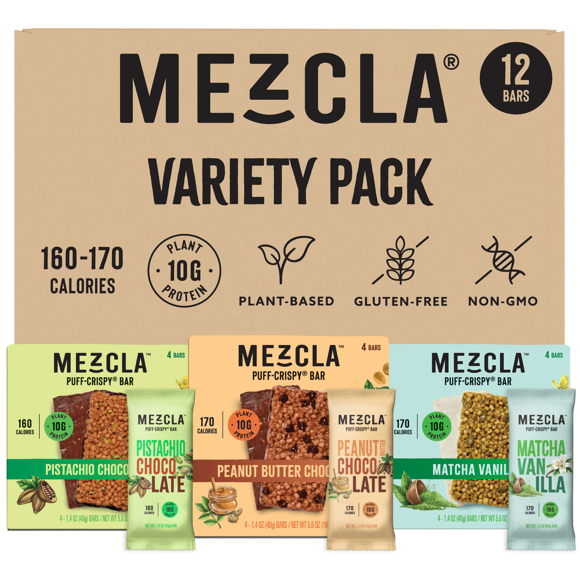 Mezcla variety pack of 12 plant-based protein bars in three flavors: Pistachio Chocolate, Peanut Butter Chocolate, and Matcha Vanilla