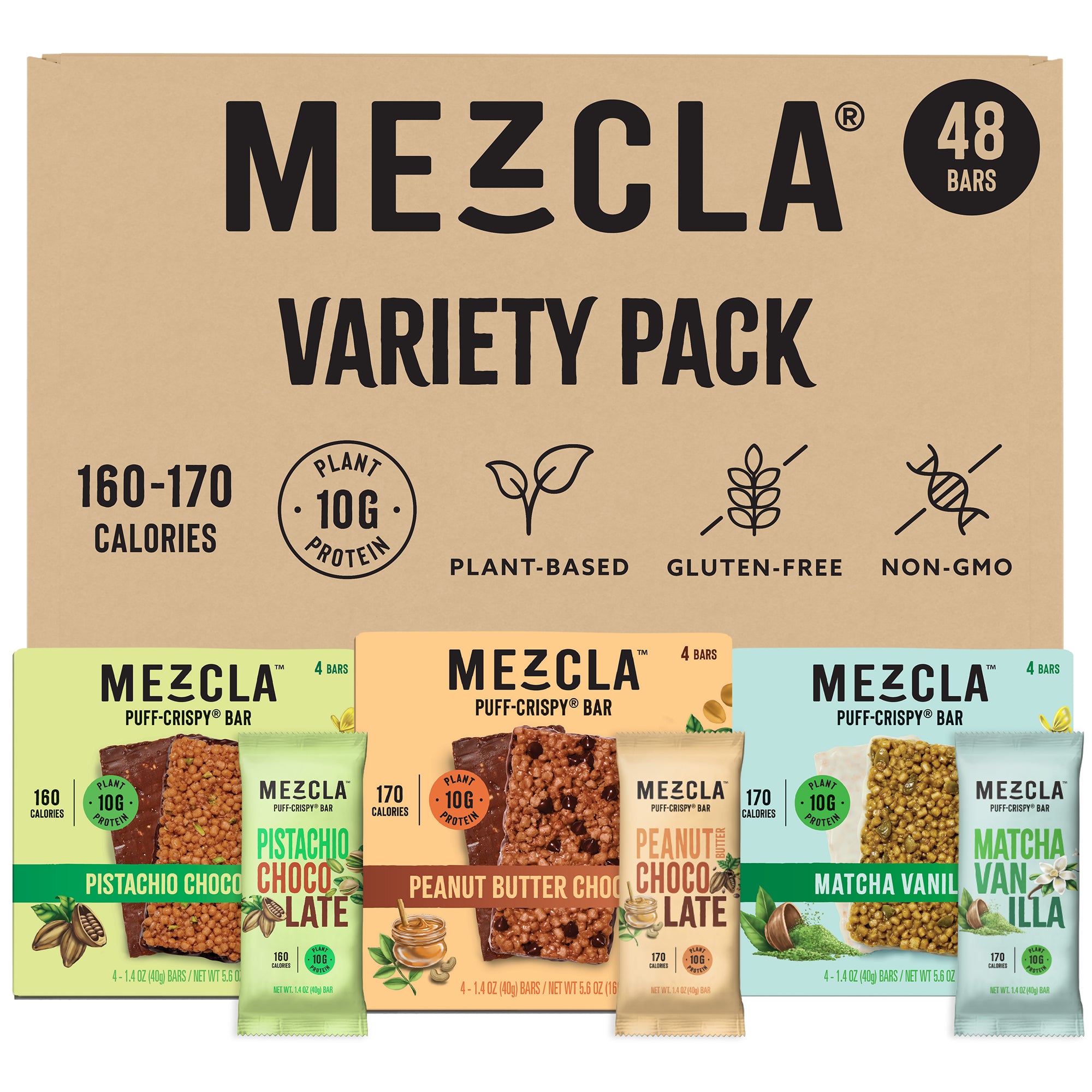 Mezcla protein bar variety pack showing 48 bars in three flavors: Pistachio Chocolate, Peanut Butter Chocolate, and Matcha Vanilla with nutritional highlights.