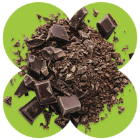 Broken dark chocolate pieces and cocoa powder scattered on bright green clover-shaped background