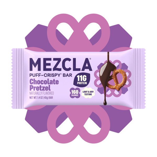 Mezcla Chocolate Pretzel puff-crispy protein bar package with 11g protein and 160 calories, featuring purple bow design and chocolate-drizzled pretzel illustration