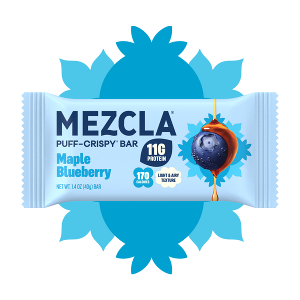 Mezcla Maple Blueberry Puff-Crispy Bar package with 11g protein and 170 calories, featuring blue sunburst design and blueberry with maple syrup drip