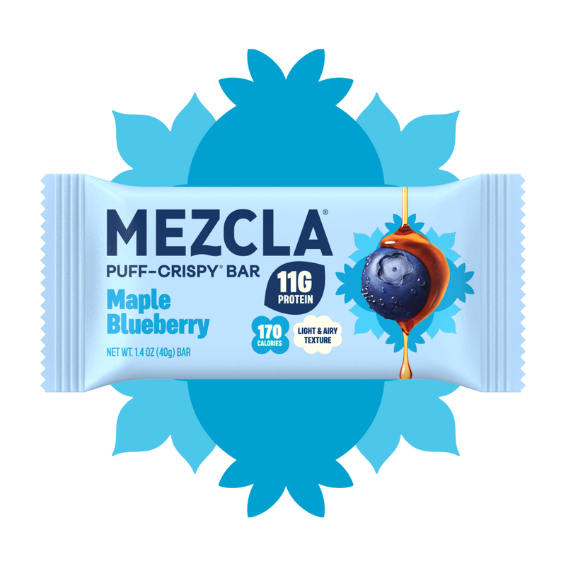 Mezcla Maple Blueberry Puff-Crispy Bar package with 11g protein and 170 calories, featuring blue sunburst design and blueberry with maple syrup drip