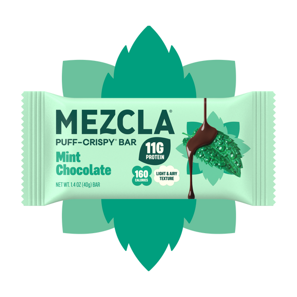 Mezcla Puff-Crispy Bar in Mint Chocolate flavor on light green wrapper with decorative green leaves, showing 11g protein and 160 calories