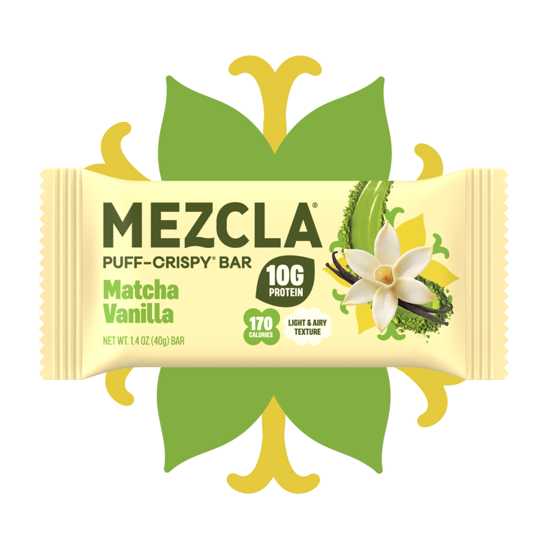 Mezcla Puff-Crispy Bar in Matcha Vanilla flavor with 10g protein and 170 calories, featuring vanilla flower and matcha powder on decorative green and yellow background